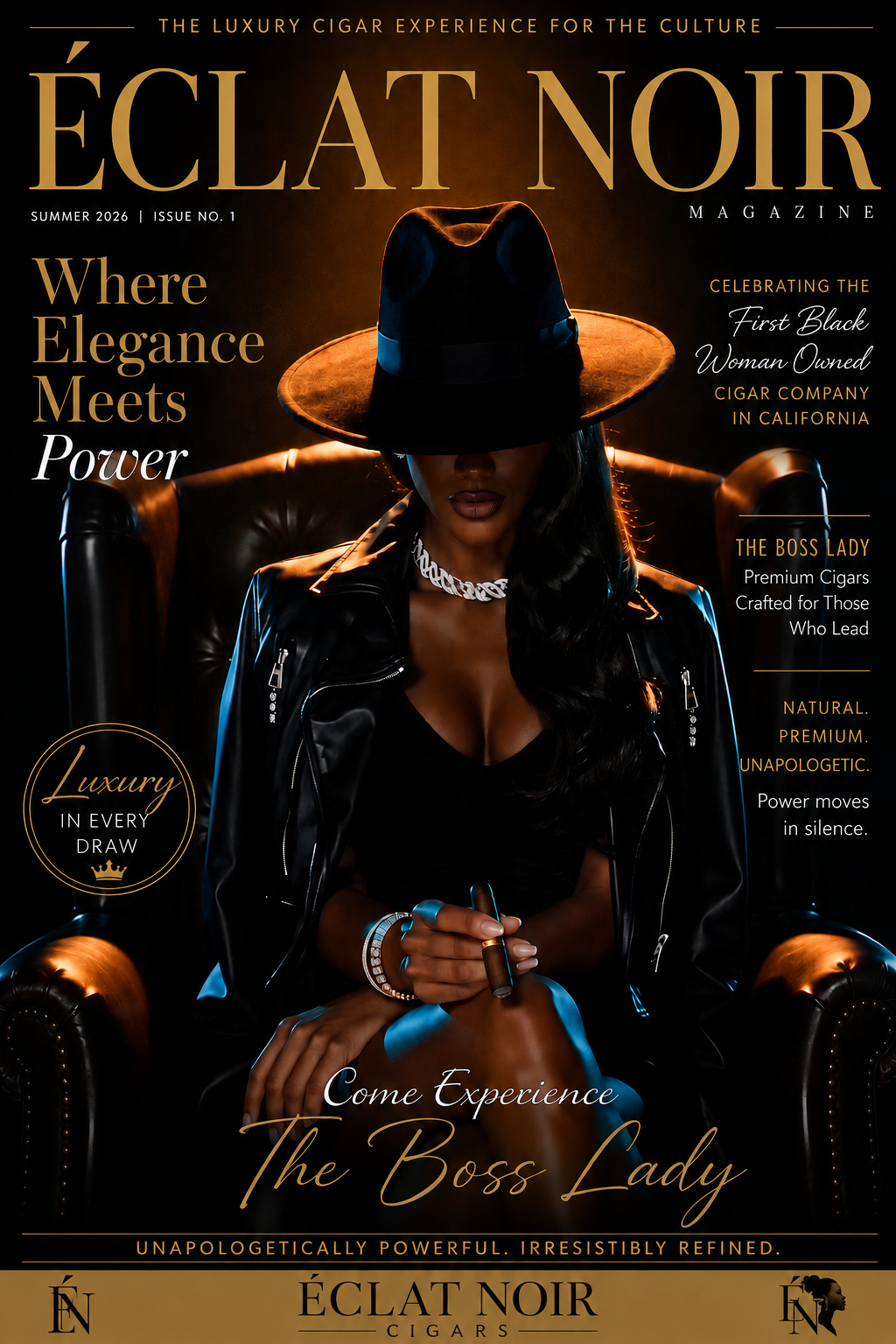 ÉCLAT NOIR editorial magazine-style cover artwork: a seated figure in black attire and a wide-brim hat.