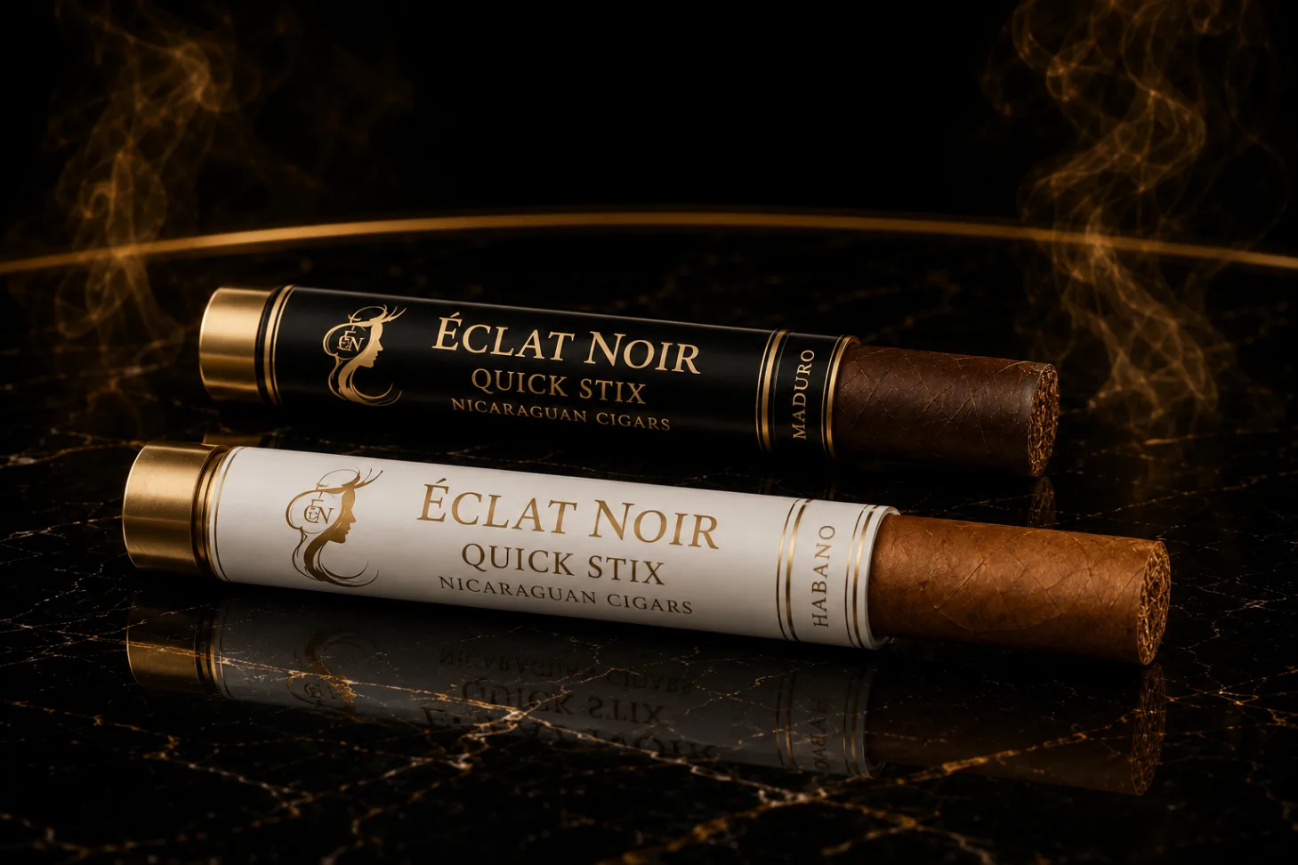 ÉCLAT NOIR Quick Stix in black Maduro and white Habano tubes with cigars beside them.