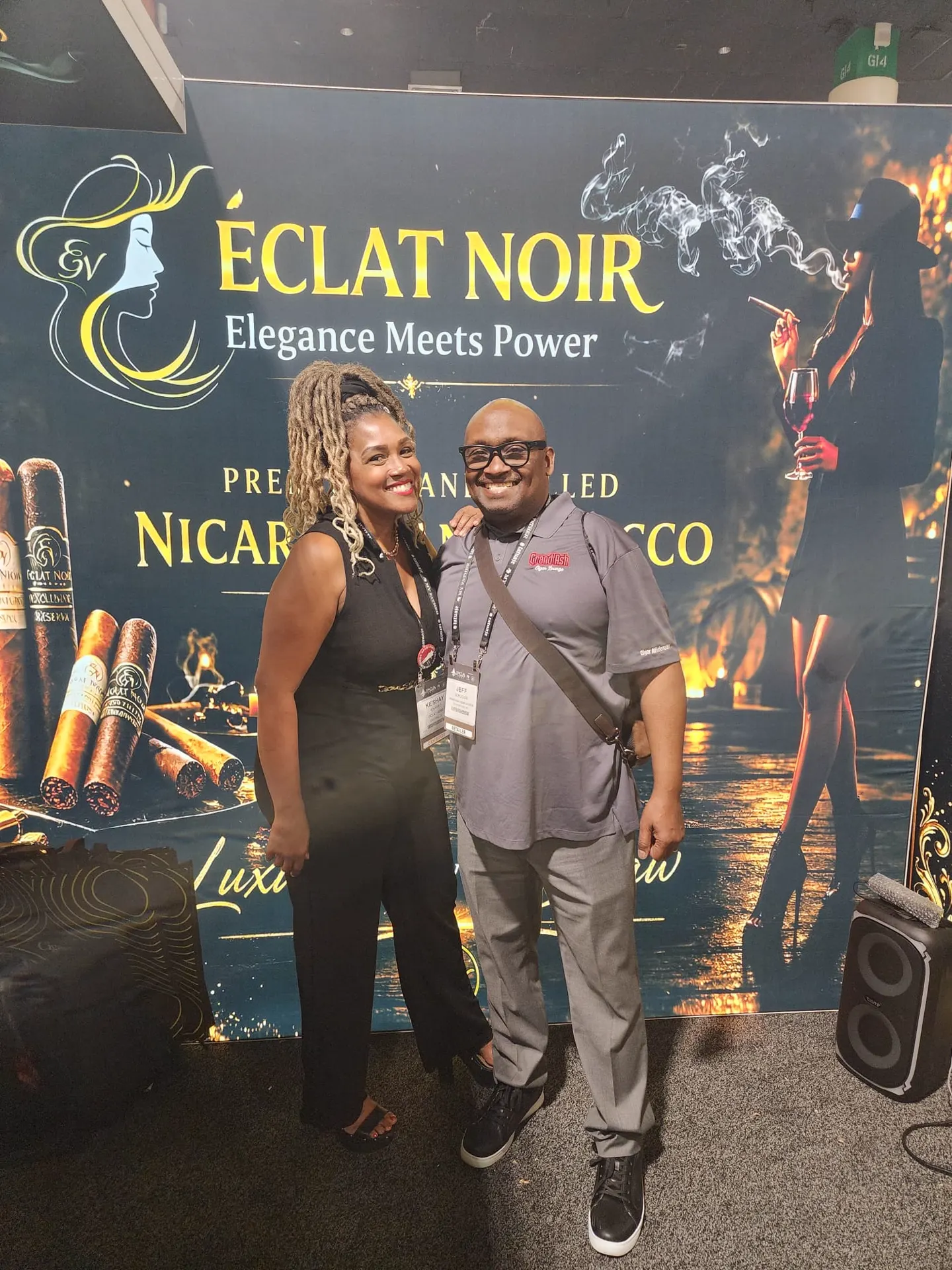 Founder and CEO L. Howard with a cigar lounge representative at the ÉCLAT NOIR booth, PCA Trade Show, New Orleans, April 2026.