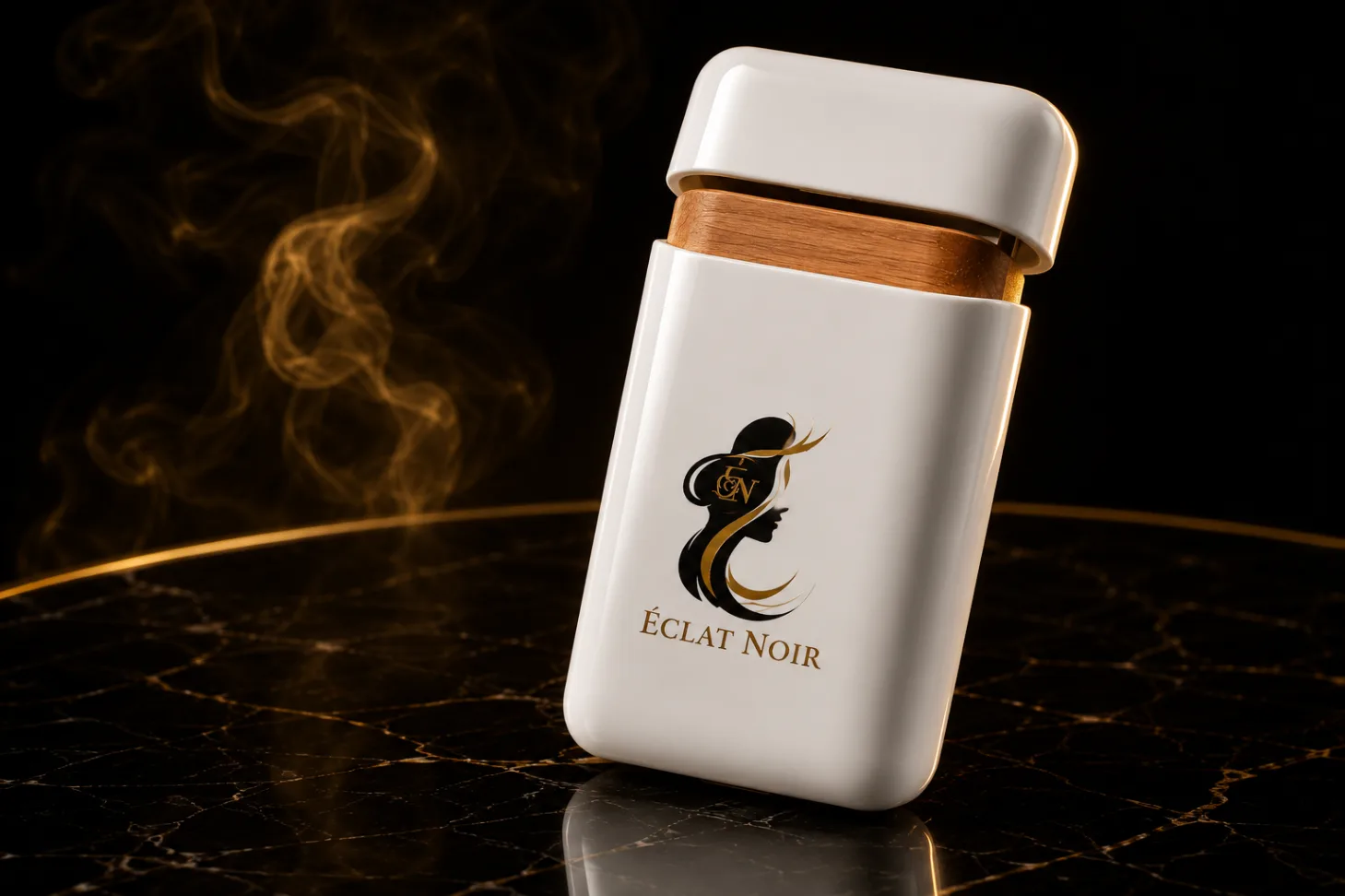 ÉCLAT NOIR white travel cigar case with cedar insert on black marble.