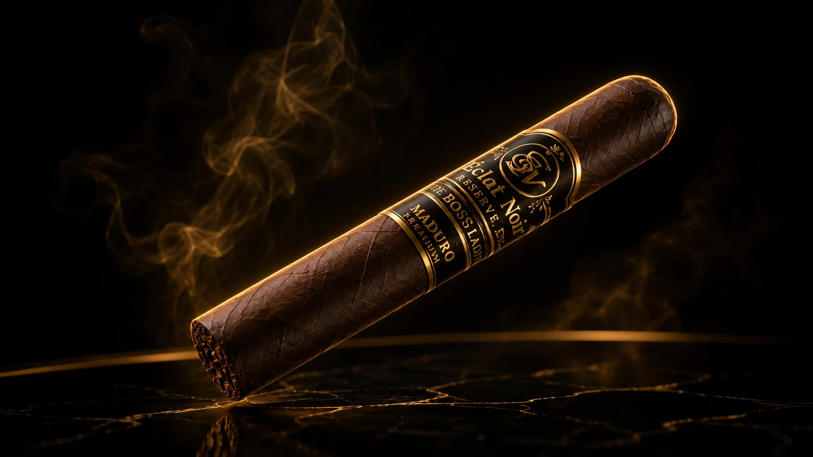 The Boss Lady Maduro cigar with black-and-gold ÉCLAT NOIR band against a black marble background.