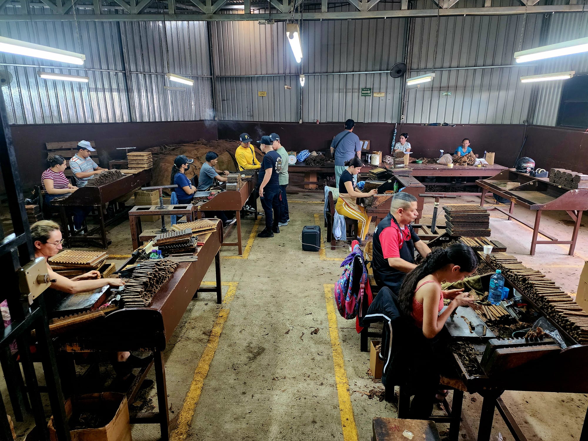 The Estelí rolling floor: dozens of torcedores at their benches with presses, moulds, and trays of cigars.