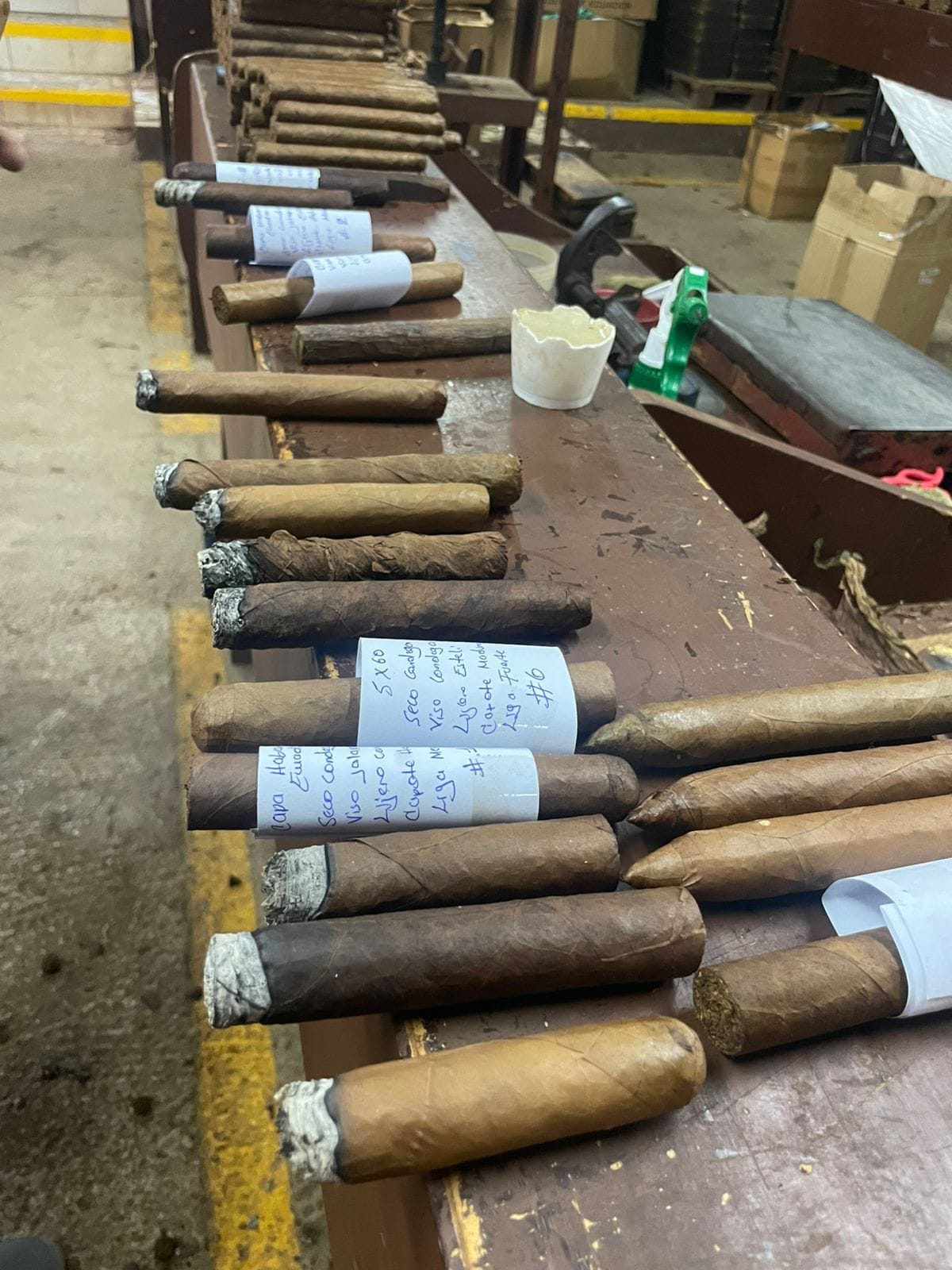 A line of numbered blend samples on the bench, each cigar wrapped in a handwritten band listing wrapper, seco, viso, and ligero.
