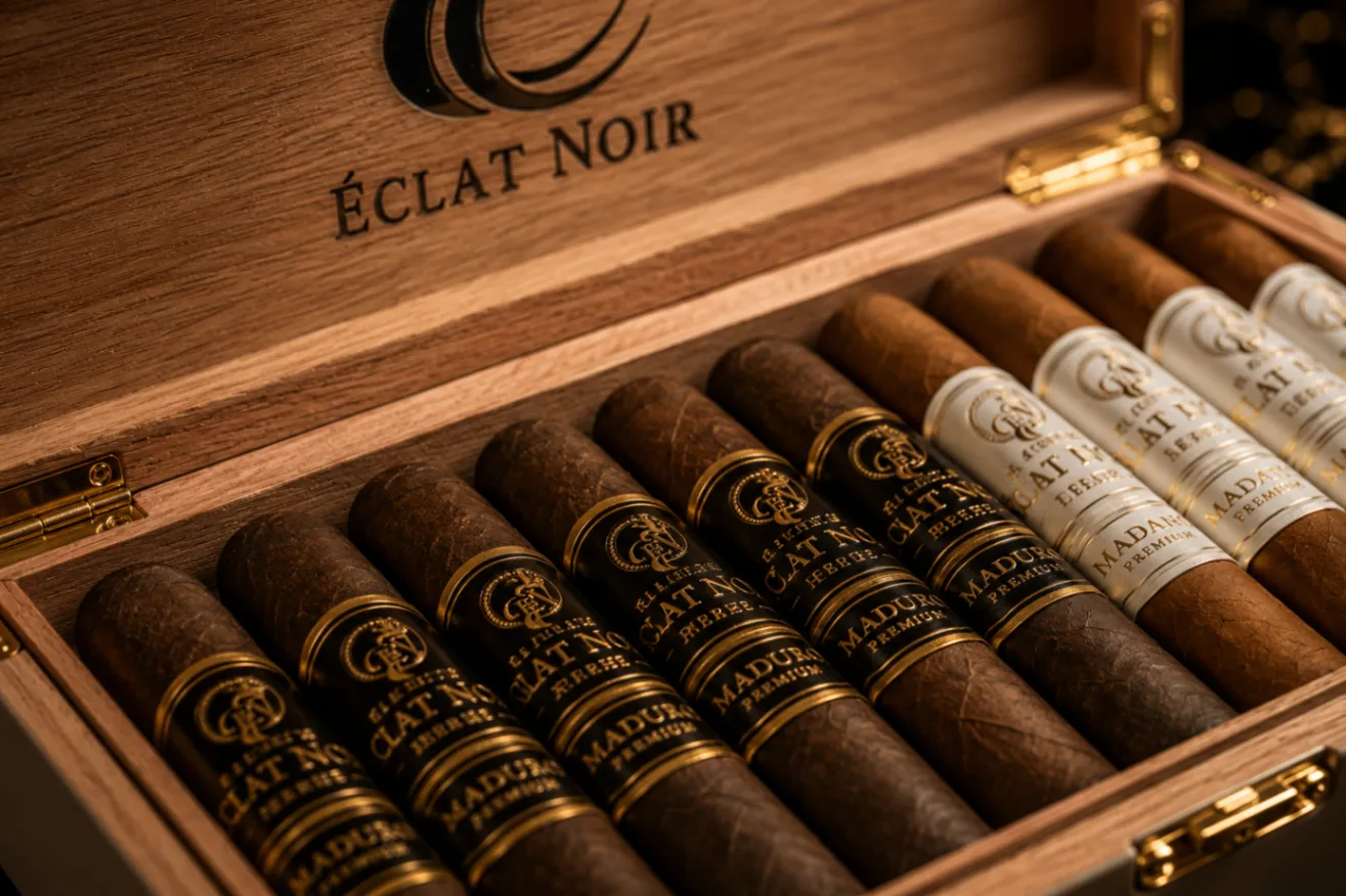 Cedar interior of an ÉCLAT NOIR box with Maduro and Habano cigars arranged in rows.