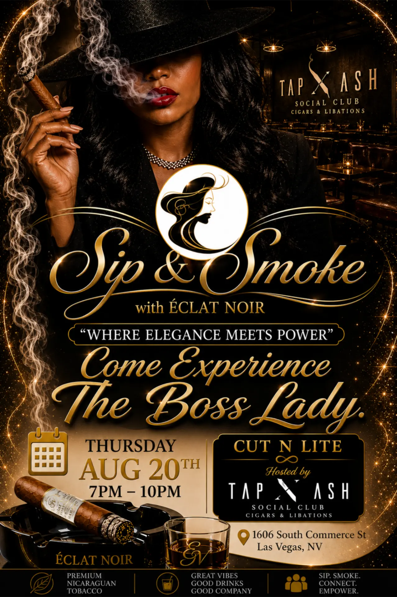 ÉCLAT NOIR Sip & Smoke event flyer for Tap N Ash Social Club in Las Vegas on Thursday, August 20, 2026 from 7PM to 10PM.