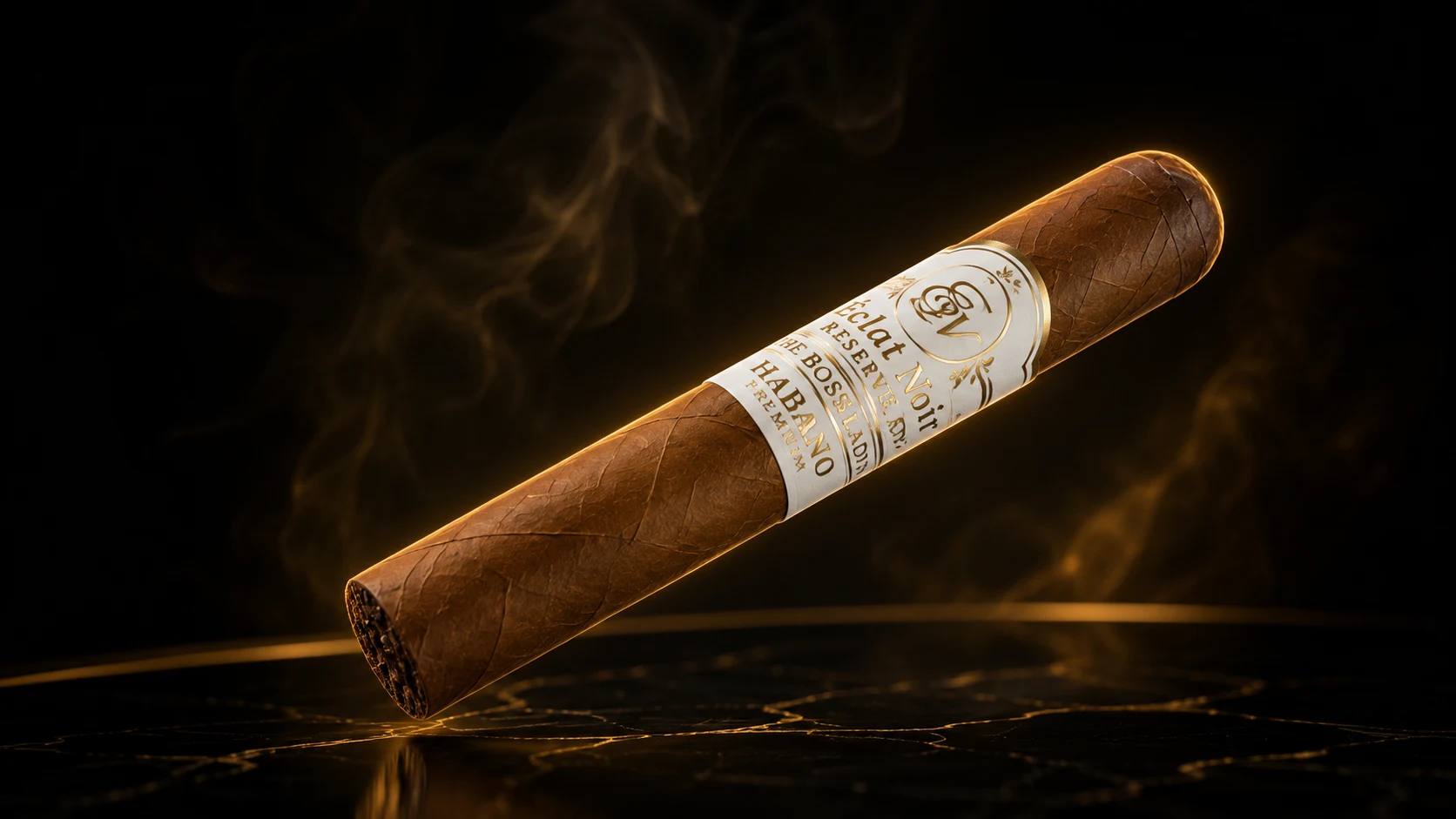 The Boss Lady Habano cigar with white-and-gold ÉCLAT NOIR band against a black marble background.